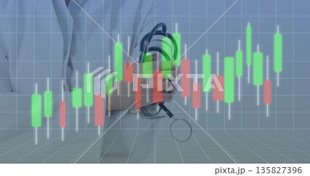 Doctor wearing lab coat holding stethoscope in clinical studio, with candlestick bars on grey grid Doctor wearing lab coat holding stethoscope in clinical studio, with candlestick bars on grey grid 135827396