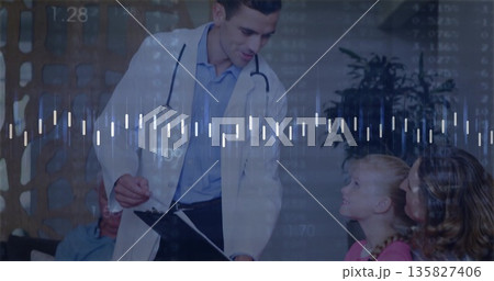 Leaning doctor in white coat speaking to child in exam room, with clipboard and stethoscope Leaning doctor in white coat speaking to child in exam room, with clipboard and stethoscope 135827406