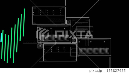 Showing wireframe keyboards and numeric grid panels on black interface design, with teal data bars Showing wireframe keyboards and numeric grid panels on black interface design, with teal data bars 135827435