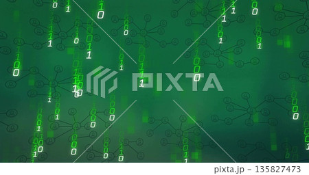 Cascading binary digits forming schematic network node diagrams in virtual environment, green theme Cascading binary digits forming schematic network node diagrams in virtual environment, green theme 135827473