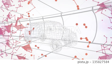 Showing wireframe SUV sitting inside grey tunnel frame, with red and pink network nodes and shapes 135827584