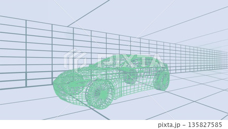 Displaying wireframe sedan in 3D modeling space on grid floor, with grid walls and ceiling 135827585