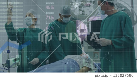 Surgical team wearing green scrubs operating in operating room, with IV drip and data overlays 135827590