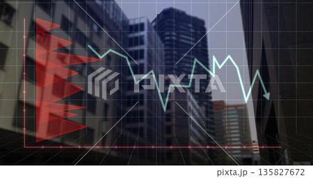 Displaying red bar chart and green line graph over 3D grid overlay in downtown financial district 135827672