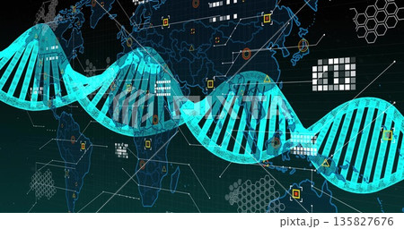 Spanning cyan DNA double helix glowing over dark grid world map, with geometric data overlays 135827676