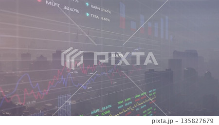 Displaying financial data overlay at city skyline with neon trend lines, bar charts, ticker labels 135827679