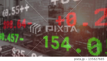 Displaying transparent stock market ticker numbers over blurred urban skyline, with pixel grid 135827685