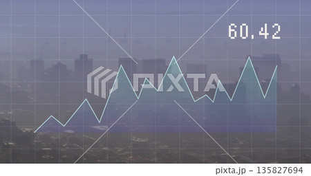 Displaying light-blue line chart overlay on grid over hazy city skyline with numeric label 60 135827694