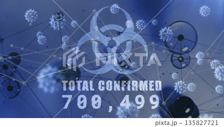 Displaying translucent biohazard symbol in network visual showing virus icons and numeric total 135827721