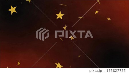 Glowing large golden star floating over dark red to black gradient, with scattered star motifs 135827735