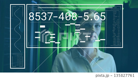 Female technology professional analyzing data on digital interface panel in data center, copy space 135827761