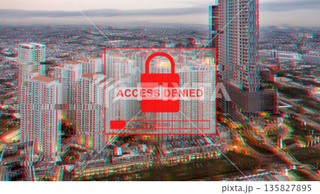 Glitchy urban cityscape background with a red Access Denied message and padlock icon, representing cyber security issues, hacking, and digital restrictions in a smart city environment Glitchy urban cityscape background with a red Access Denied message and padlock icon, representing cyber security issues, hacking, and digital restrictions in a smart city environment 135827895