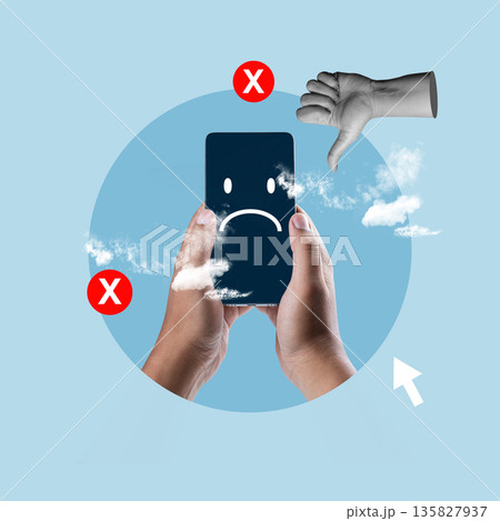 Surreal collage of hands holding a smartphone with a sad emoji, surrounded by thumbs down and 'X' symbols, representing cyberbullying, negative feedback, and social media stress Surreal collage of hands holding a smartphone with a sad emoji, surrounded by thumbs down and 'X' symbols, representing cyberbullying, negative feedback, and social media stress 135827937