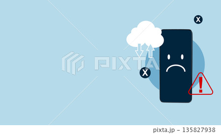 Conceptual illustration of a smartphone with a sad face representing a technical error, cloud sync failure, and system alert on a blue background Conceptual illustration of a smartphone with a sad face representing a technical error, cloud sync failure, and system alert on a blue background 135827938