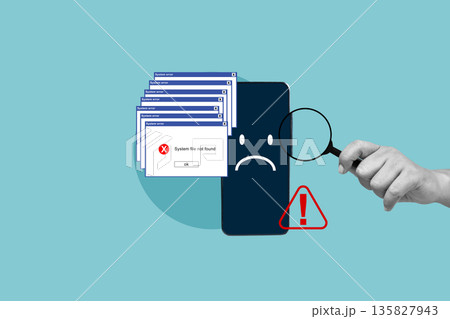 Smartphone experiencing multiple system error pop-up windows and a sad face emoji. A hand holds a magnifying glass for troubleshooting software bugs, malware, or technical issues Smartphone experiencing multiple system error pop-up windows and a sad face emoji. A hand holds a magnifying glass for troubleshooting software bugs, malware, or technical issues 135827943