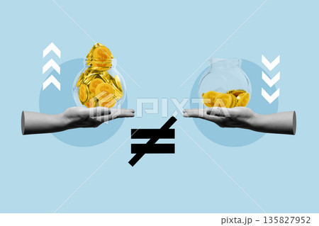 A conceptual digital collage representing the wealth gap and financial inequality using hands holding jars with different amounts of gold coins and a not equal sign on a blue background A conceptual digital collage representing the wealth gap and financial inequality using hands holding jars with different amounts of gold coins and a not equal sign on a blue background 135827952