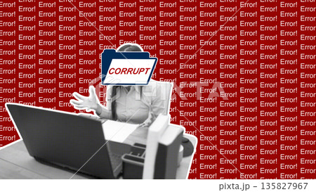 A conceptual image showing a frustrated woman dealing with data loss, symbolized by a "Corrupt" folder covering her face and a background filled with "Error!" messages 135827967