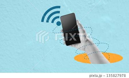 A conceptual digital art collage of a hand holding a mobile phone with a wifi symbol and data lines, representing wireless connectivity, high-speed internet, and modern communication 135827978
