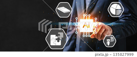 Businessman in suit interacting with a glowing AI processor icon surrounded by digital icons representing data analysis, strategy, learning, and automation on a dark background Businessman in suit interacting with a glowing AI processor icon surrounded by digital icons representing data analysis, strategy, learning, and automation on a dark background 135827999