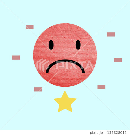 Minimalist illustration of a red textured sad face, one yellow star, and pink minus signs on a light blue background, conceptualizing bad reviews, low ratings, or disappointment Minimalist illustration of a red textured sad face, one yellow star, and pink minus signs on a light blue background, conceptualizing bad reviews, low ratings, or disappointment 135828013