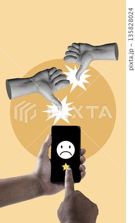 Conceptual collage showing thumbs down hands and a smartphone with a sad emoji and one star, representing negative customer feedback and poor service reviews 135828024