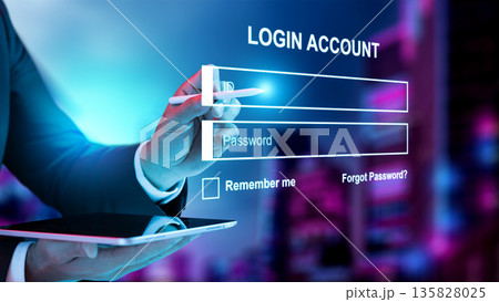 Businessman using a stylus on a virtual login interface with ID and password fields over a blurred city background. Concept of cybersecurity, data protection, and digital identity access Businessman using a stylus on a virtual login interface with ID and password fields over a blurred city background. Concept of cybersecurity, data protection, and digital identity access 135828025