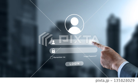 Close-up of a hand interacting with a digital login page on a transparent screen. Concept of cybersecurity, user authentication, and data privacy in a corporate environment Close-up of a hand interacting with a digital login page on a transparent screen. Concept of cybersecurity, user authentication, and data privacy in a corporate environment 135828029