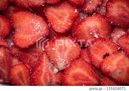 Sweet Strawberries With Sugar Sprinkled On Top For Dessert Treats Sweet Strawberries With Sugar Sprinkled On Top For Dessert Treats 135828071