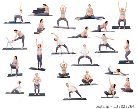 pregnant woman is engaged in yoga. Butterfly Pose or Baddha Konasana 135828264