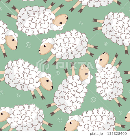 Seamless green background with funny white sheep. Nursery background design for prints, fabric, textile, wallpaper, wrapping paper. Vector illustration. 135828400