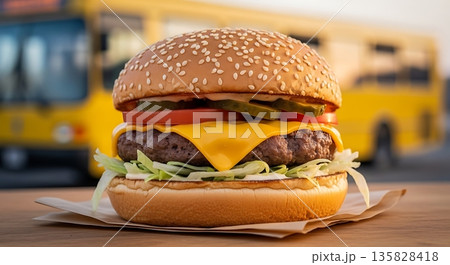 Hamburger sitting on wooden table at night carnival. Delicious fast food for outdoor event, fair, or amusement park dinner. 135828418