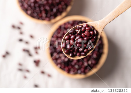 Azuki beans, Adzuki bean or red mung beans in wooden spoon and bowl 135828832