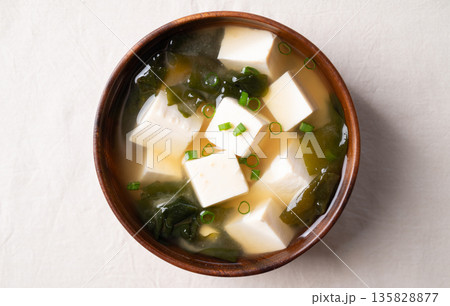 Top view of healthy Japanese miso soup with soft tofu and seaweed Top view of healthy Japanese miso soup with soft tofu and seaweed 135828877