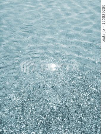 Clean transparent water on shallow sandy seashore with shells with shells on sunny summer day. Sun glare on surface of water. Small waves on sea coast. Nature backdrop. Natural background Clean transparent water on shallow sandy seashore with shells with shells on sunny summer day. Sun glare on surface of water. Small waves on sea coast. Nature backdrop. Natural background 135829289