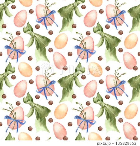 A seamless watercolor pattern featuring hand-drawn Easter eggs, chocolates, tree branches with a blue and green bow. This hand-drawn design makes for a festive spring fabric design. 135829552