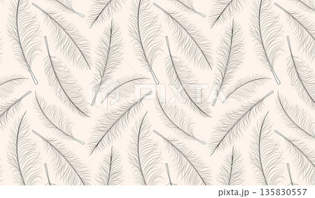Elegant feather seamless pattern. Contour botanical background in beige boho style. Vector surface design, Hero image in line art style Elegant feather seamless pattern. Contour botanical background in beige boho style. Vector surface design, Hero image in line art style 135830557