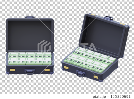 3D render of a cute suitcase overflowing with South Korean ten thousand won bills 135830691