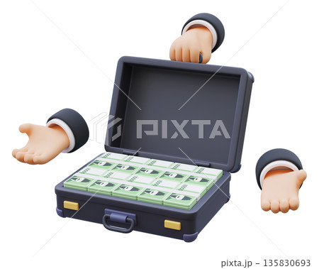 3D render of a cute cartoon hand holding a suitcase full of Korean ten thousand won 135830693