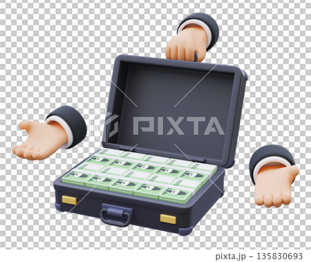 3D render of a cute cartoon hand holding a suitcase full of Korean ten thousand won 135830693