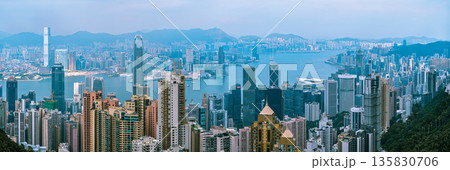 Hong Kong skyline panoramic view Victoria Harbour financial business district skyscrapers urban city architecture landscape famous landmark Asia travel tourism 135830706