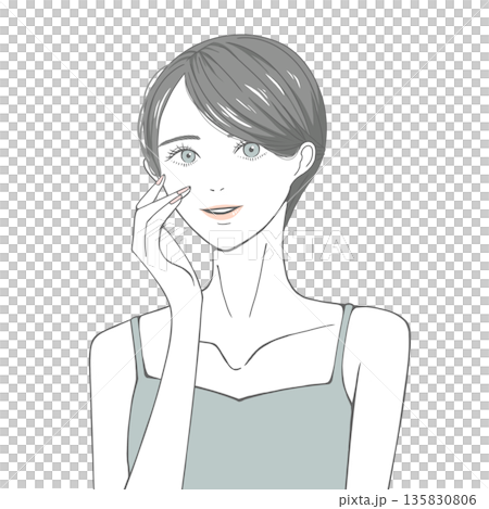 A woman with her hand on her right cheek (black hair) A woman with her hand on her right cheek (black hair) 135830806