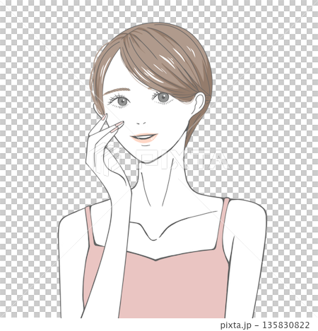 A woman with her hand on her right cheek (brown hair) 135830822