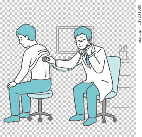 白衣を着用した男性医師による男性の背中の聴診イラスト 135831009