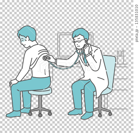 Illustration of a man with a cold sweat receiving a stethoscope on his back and a male doctor in a white coat with a serious expression Illustration of a man with a cold sweat receiving a stethoscope on his back and a male doctor in a white coat with a serious expression 135831010
