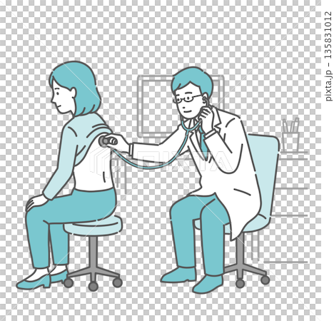 Illustration of a male doctor wearing a white coat auscultating a woman's back 135831012