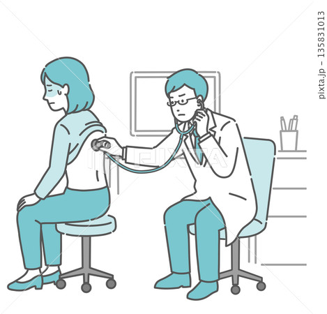 背中の聴診を受ける冷や汗をかいた女性と深刻な表情の白衣の男性医師のイラスト 背中の聴診を受ける冷や汗をかいた女性と深刻な表情の白衣の男性医師のイラスト 135831013