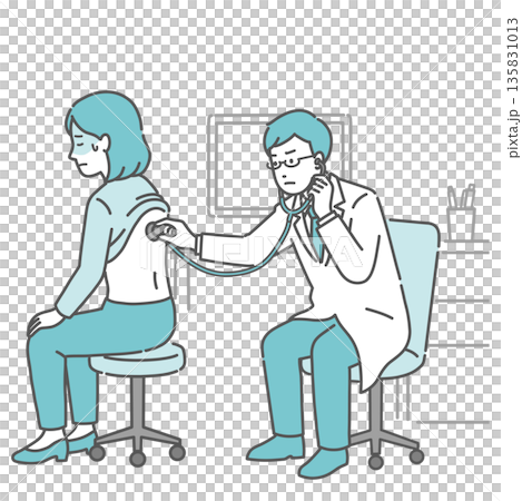 Illustration of a woman with a cold sweat receiving a stethoscope on her back and a male doctor in a white coat with a serious expression Illustration of a woman with a cold sweat receiving a stethoscope on her back and a male doctor in a white coat with a serious expression 135831013