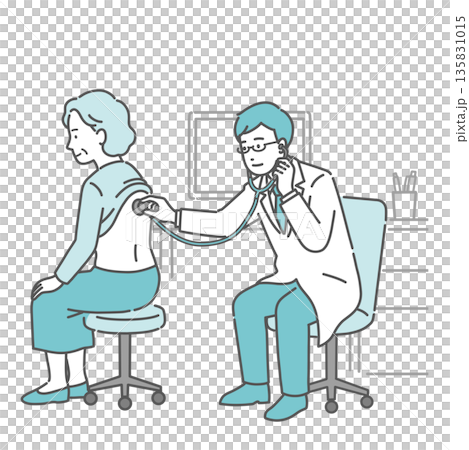 Illustration of a male doctor wearing a white coat auscultating the back of an elderly woman Illustration of a male doctor wearing a white coat auscultating the back of an elderly woman 135831015