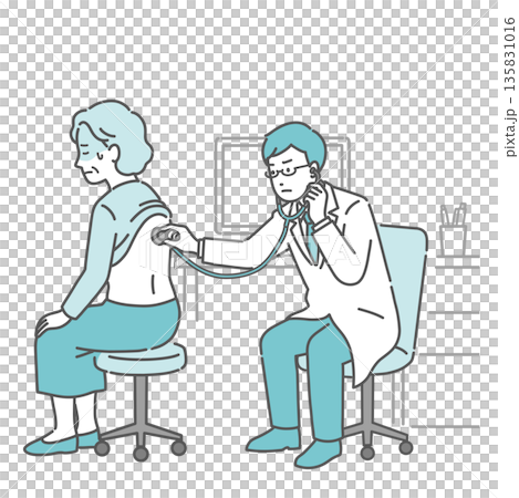 背中の聴診を受ける冷や汗をかいた高齢女性と深刻な表情の白衣の男性医師のイラスト 背中の聴診を受ける冷や汗をかいた高齢女性と深刻な表情の白衣の男性医師のイラスト 135831016