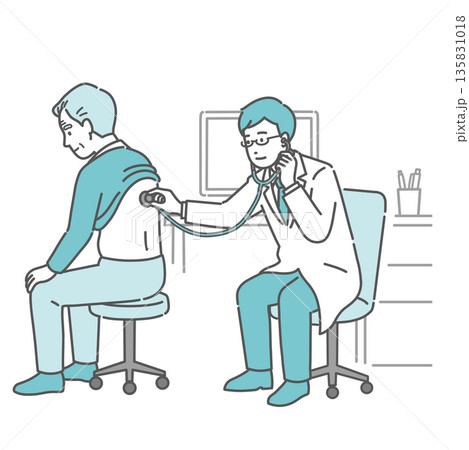 白衣を着用した男性医師による高齢男性の背中の聴診イラスト 135831018